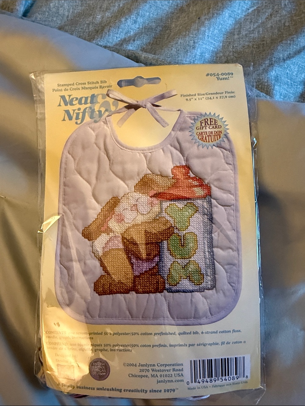 Kids Bib - Lavender with Cross-Stitch Rabbit  Design